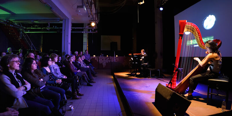 Harpist Lavinia Mejier in het Gaslab. Foto | Bart van Overbeeke.