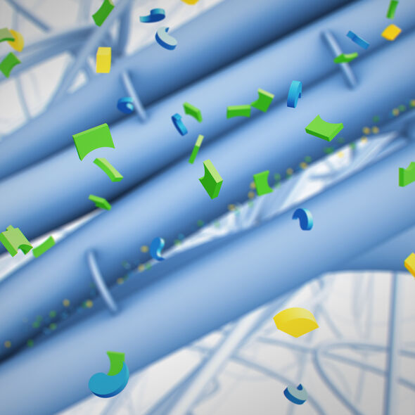 An illustration by the animation studio: an abstract representation of a hydrogel consisting of interconnected fibers built from supramolecular polymers.