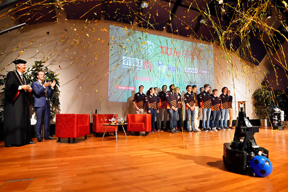 Tech United was honored during the opening of the academic year, for their victory at the Robocup World Championships held in Sydney in early July. Photo | Bart van Overbeeke