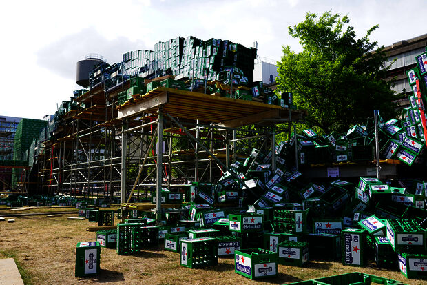 Beer crate bridge collapses at the very last moment