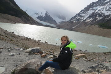 Billie bij de Laguna Torre, El Chalten, Patagonië.