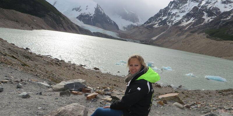 Billie bij de Laguna Torre, El Chalten, Patagonië.