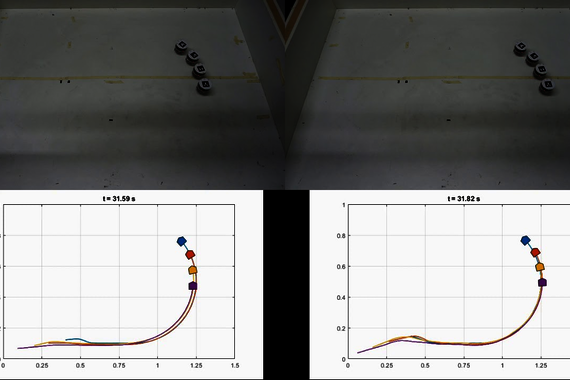 This experiment with autonomously driving robots shows how Bayuwindra's virtual vehicle method (right) does a better job than robots just following the robot in front of them (left). Video | Anggera Bayuwindra