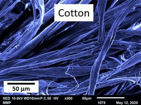 Electron microscope image. Blue: filaments in the material; black: pores in the material. Magnification: 500x. Photos | Machiel van Essen, Cees Weijers