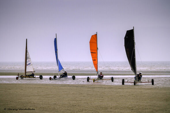 De zeilwagens in formatie op het strand. Foto | Herwig Vercouteren