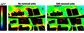 Concentratie fijnstof in het stadscentrum op 1.75 meter hoogte zonder (links) en met 594 luchtzuiveringsinstallaties (rechts). Concentratie fijnstof in het stadscentrum op 1.75 meter hoogte zonder (links) en met 594 luchtzuiveringsinstallaties (rechts).