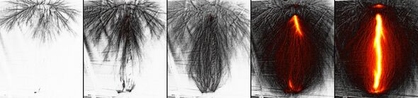 Het ontstaan van ‘bliksem’ in het lab, door Pavlo Kochkin vastgelegd met een hogesnelheidscamera. De belichtingstijd varieert van ca. 150 nanoseconden (foto uiterst links, ontstaan van streamers nabij de negatieve elektrode) tot 1000 nanoseconden (fot The genesis of ‘lightning’ in the lab, recorded by Pavlo Kochkin with a high-speed camera. The exposure time varies from ca. 150 nanoseconds (photo at extreme left, genesis of streamers near the negative electrode) to 1000 nanoseconds (photo at extreme right, in which the discharge is visible). The distance between the electrodes is 1 meter.