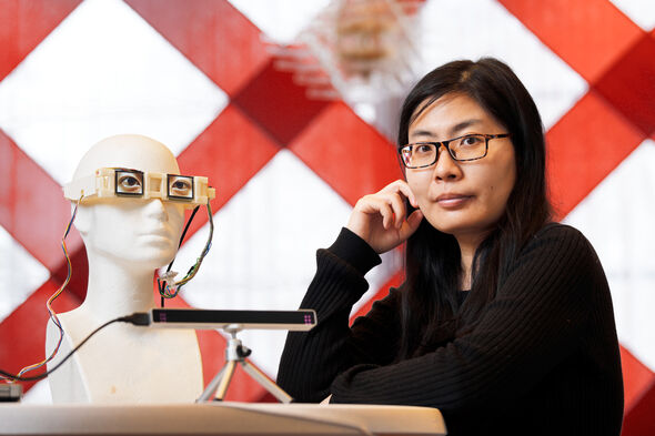 Shi Qiu with the prototype of the E-gaze glasses. Photo | Bart van Overbeeke