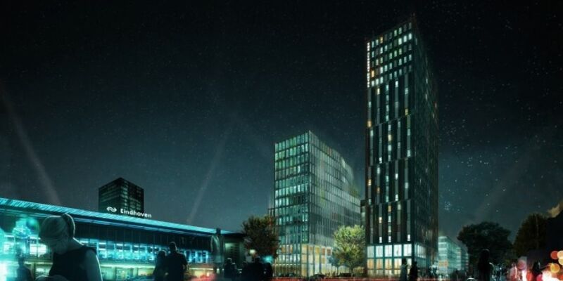 Artist impression van het Eindhovense Student Hotel, dat begin 2017 wordt geopend.