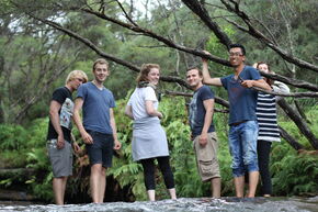 At a waterfall in the Blue Mountains (second on the right)