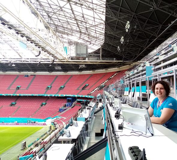 Op de perstribune in de Johan Cruijff ArenA. Foto | privécollectie Esther Lutterman